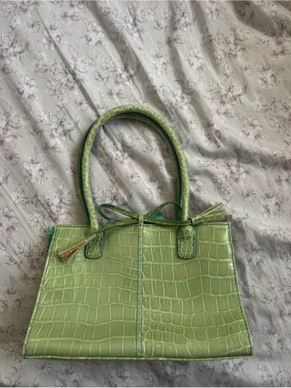 Liz Claiborne Light Green Croc-Embossed Tote with Bow Accent